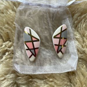 VTG(?) ceramic abstract painted pink white gold gray non-pierced earrings